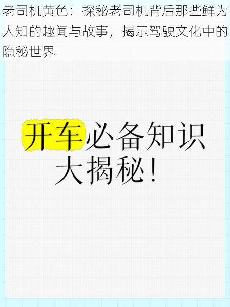 老司机黄色:探秘老司机背后那些鲜为人知的趣闻与故事,揭示驾驶文化中的隐秘世界