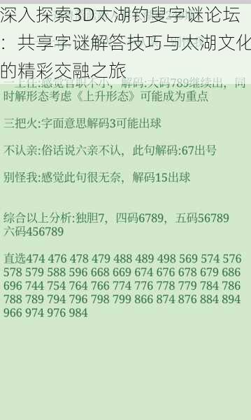 深入探索3D太湖钓叟字谜论坛：共享字谜解答技巧与太湖文化的精彩交融之旅