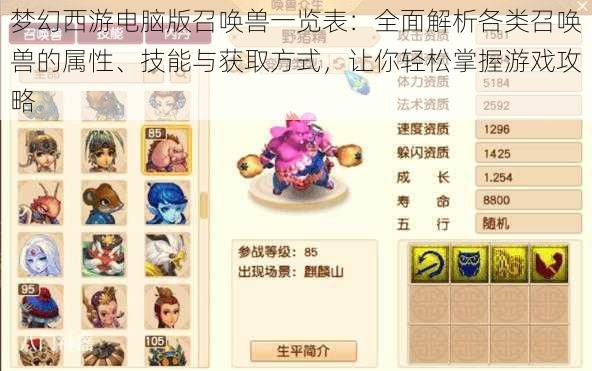 梦幻西游电脑版召唤兽一览表:全面解析各类召唤兽的属性、技能与获取方式,让你轻松掌握游戏攻略