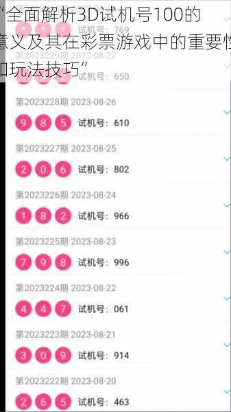 “全面解析3D试机号100的意义及其在彩票游戏中的重要性和玩法技巧”