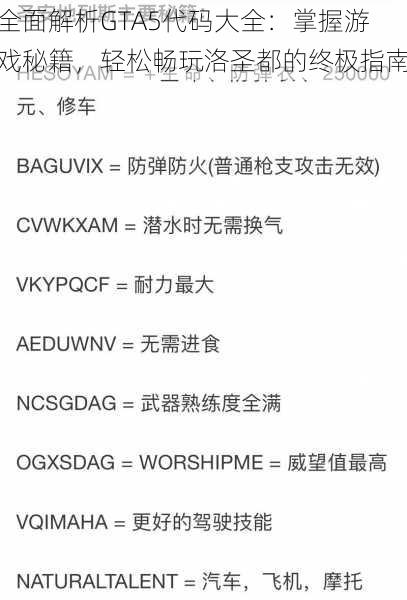 全面解析GTA5代码大全:掌握游戏秘籍,轻松畅玩洛圣都的终极指南