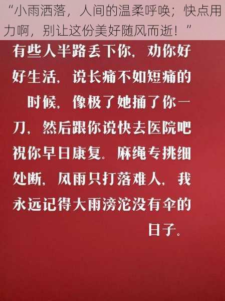 “小雨洒落,人间的温柔呼唤;快点用力啊,别让这份美好随风而逝!”